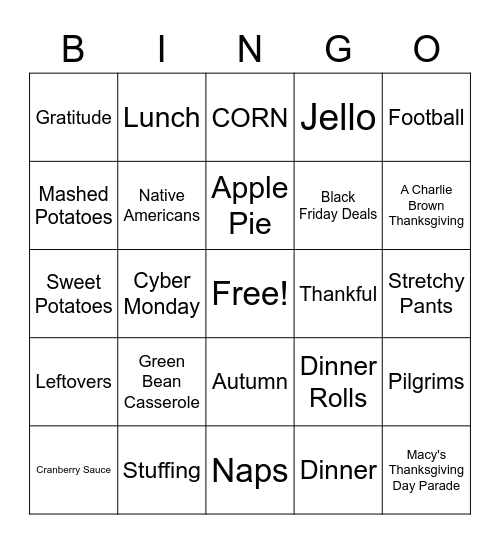 Turkey Bingo Card