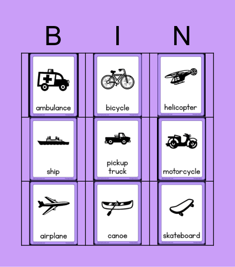 Transportation Bingo Card