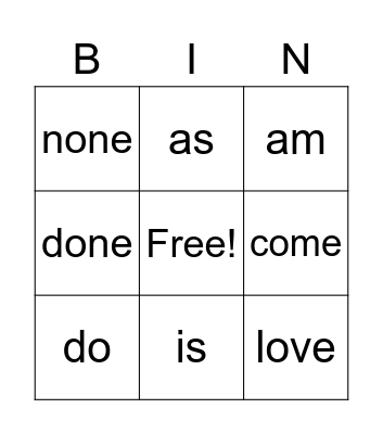 Heart Words Bingo Card