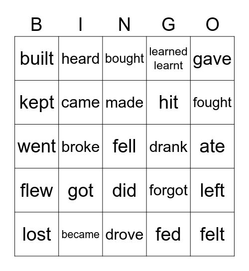 Irregular verbs Bingo Card