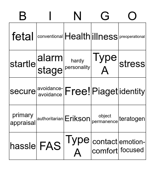 Psychology - Devleopment & Stress Bingo Card