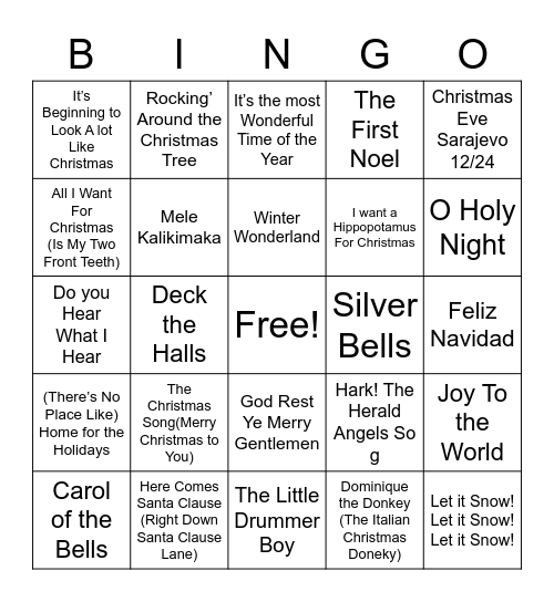 Christmas Songs Bingo Card