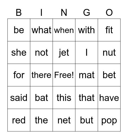 Sight Word/Short Vowel Review Bingo Card