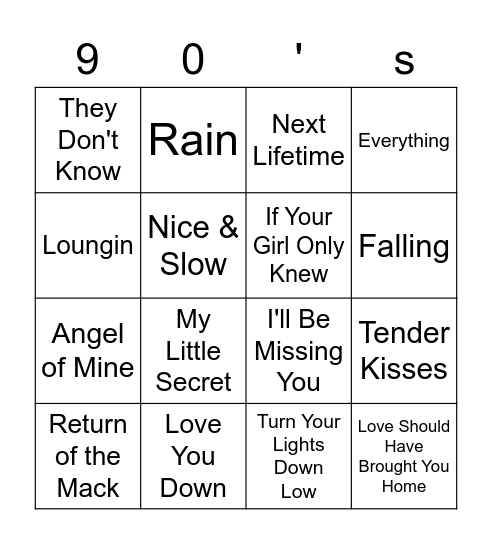 90's R&B Songs Bingo Card