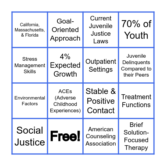 Juvenile Corrections Counseling: BINGO Card