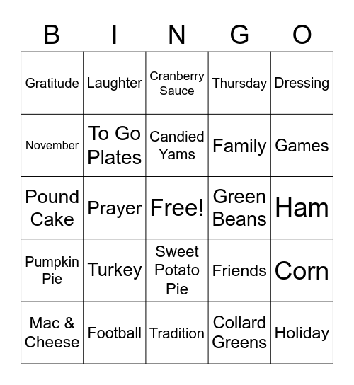 Southern Thanksgiving Bingo Card