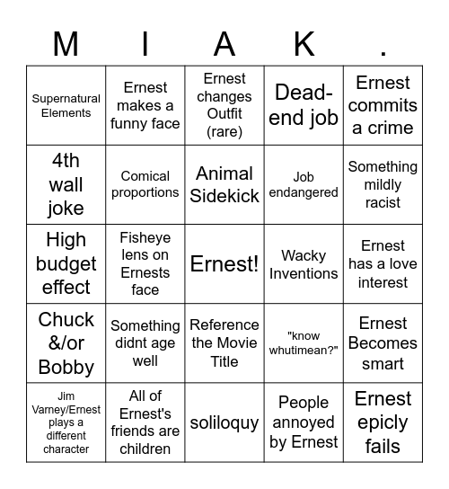 Ernest Movie Bingo Card