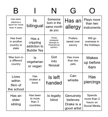 Getting to know you Bingo Card