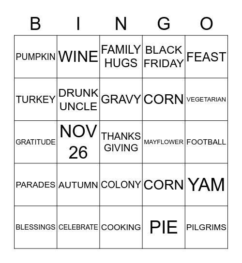 THANKSGIVING Bingo Card