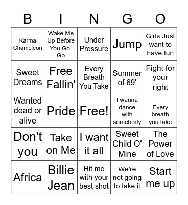 80's Music Bingo Card