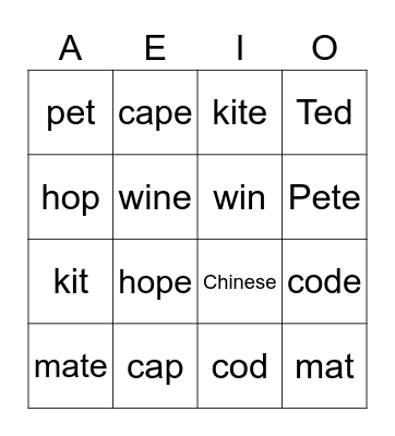 Long and Short Vowels (A, E, I, O) Bingo Card