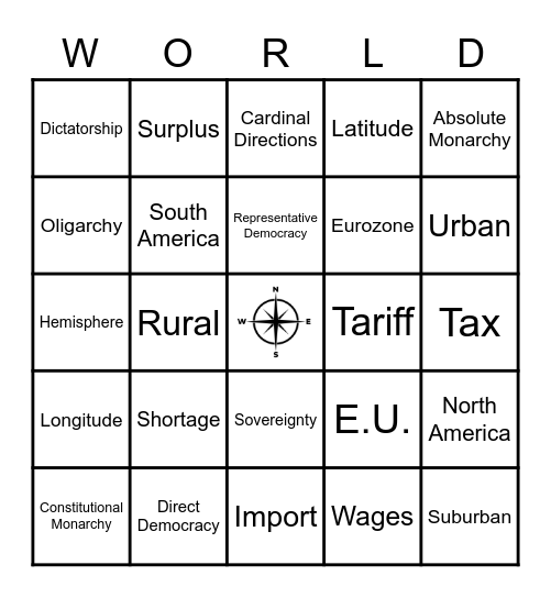 Geography Vocab Bingo Card
