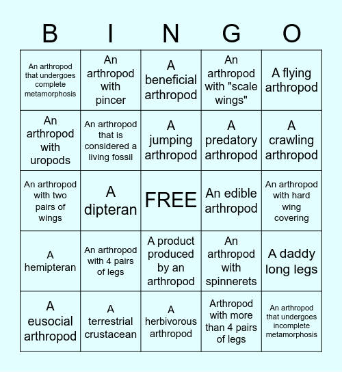 Arthropod Bingo Card