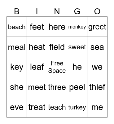 Long "E" Words Bingo Card