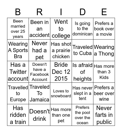 Jaclyn's Bridal Shower Bingo Card