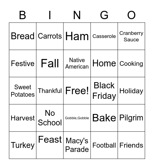 Kovar's Thanksgiving Bingo Card