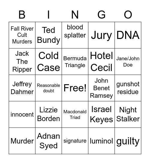 True Crime Bingo Card