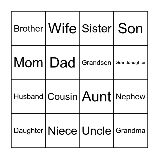 Family members Bingo Card