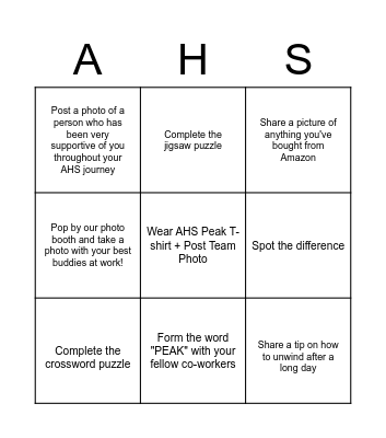 AHS PEAK 2022 Bingo Card