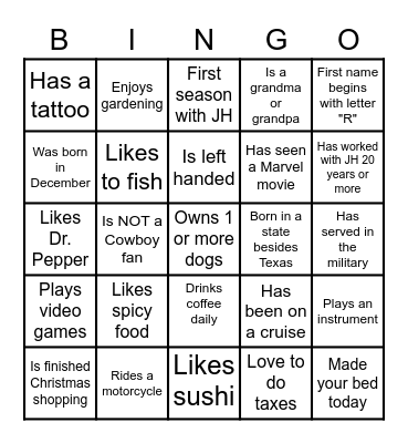 Getting to Know You Bingo Card