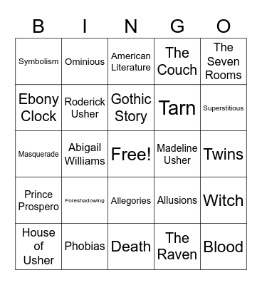 American Lit Bingo Card