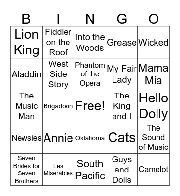 Broadway Musicals Bingo Card