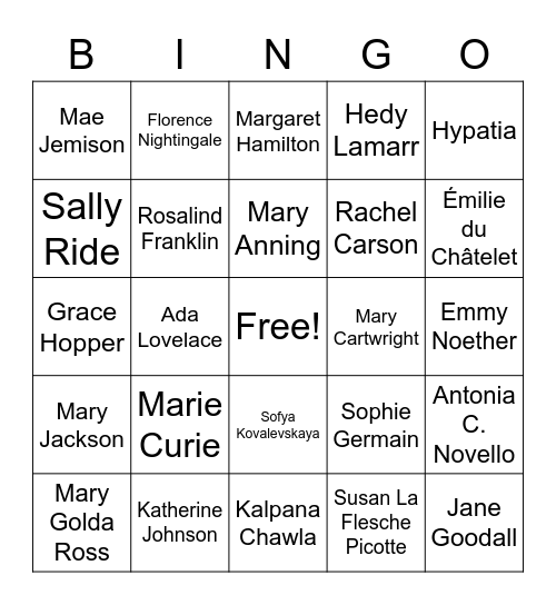 Women in STEM Bingo Board Bingo Card