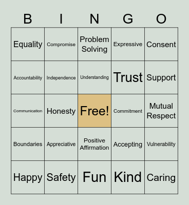 Relationship Bingo Card