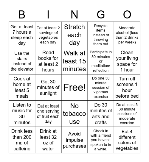 Wellness Challenge Bingo Card