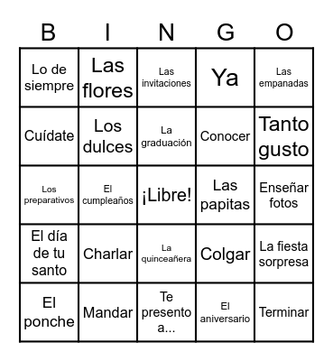 Capítulo 9 --- Vocabulario 2 Bingo Card