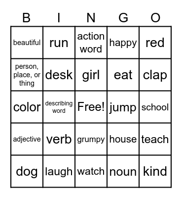 Nouns, Verbs, & Adjectives Bingo Card