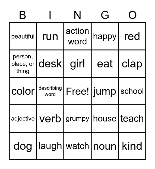 Nouns, Verbs, & Adjectives Bingo Card