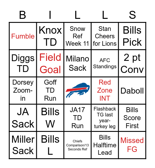 Week 12: Thanksgiving Bills vs Lions Bingo Card