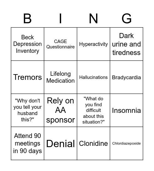 Alcohol Use Disorder Bingo Card