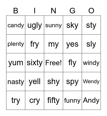 y as a consonant and vowel Bingo Card