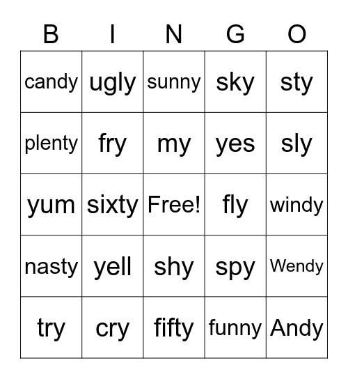 y as a consonant and vowel Bingo Card