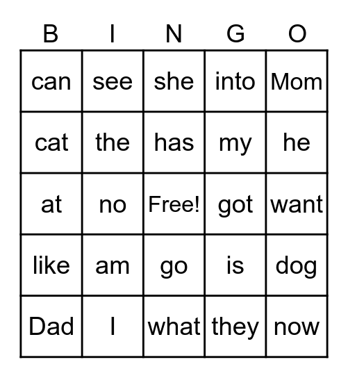Sight Words Bingo Card