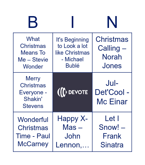 Devote Christmas Music Quiz Bingo Card