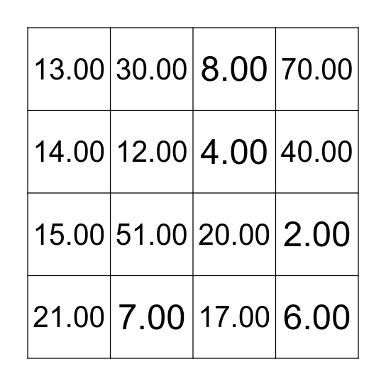 Dollar-Up Bingo! Bingo Card