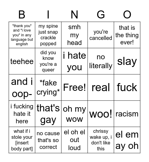 Zakiyah Vocal Stim Bingo Card