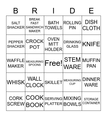Bridal Shower Bingo Card