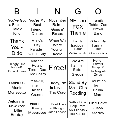Thanksgiving Song Bingo Card