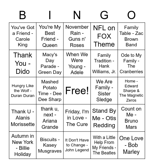 Thanksgiving Song Bingo Card