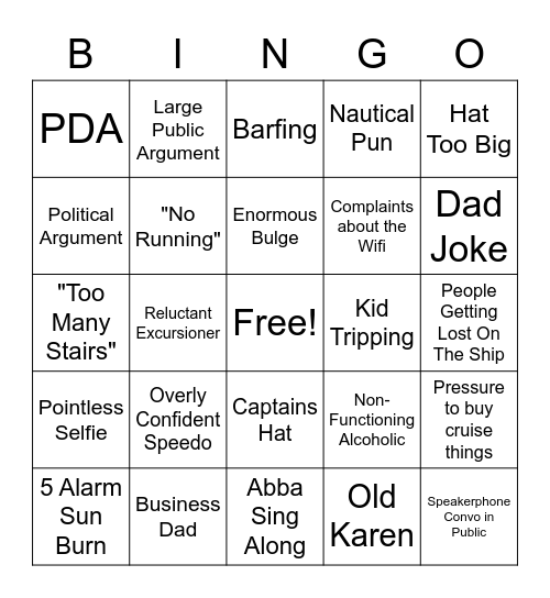 Nick's Cruise Bingo Card