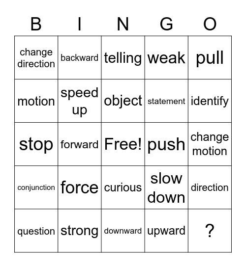 Force and Motion Bingo Card