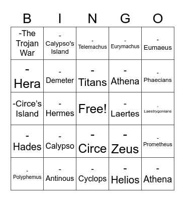 Greek Mythology Bingo Card