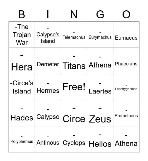 Greek Mythology Bingo Card