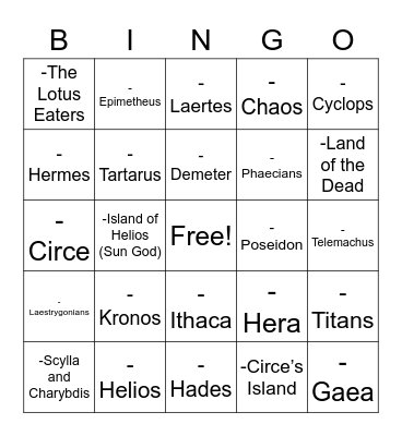 Greek Mythology Bingo Card