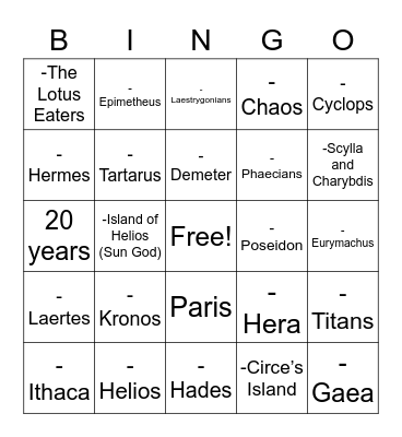 Greek Mythology Bingo Card