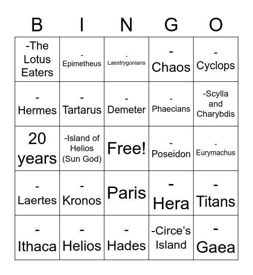 Greek Mythology Bingo Card